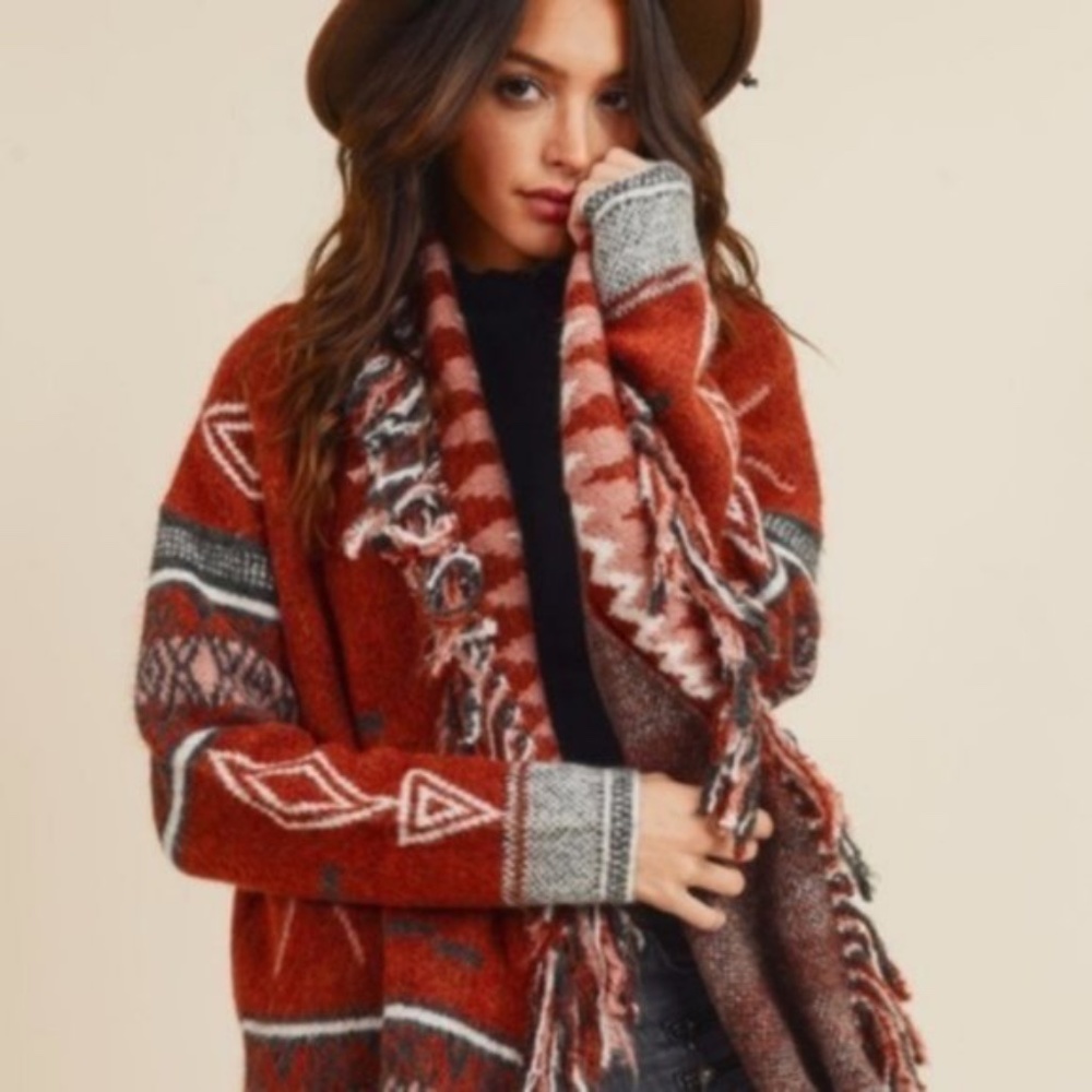 Brick Red Tribal Print Fringe Open Front Cardigan Casual